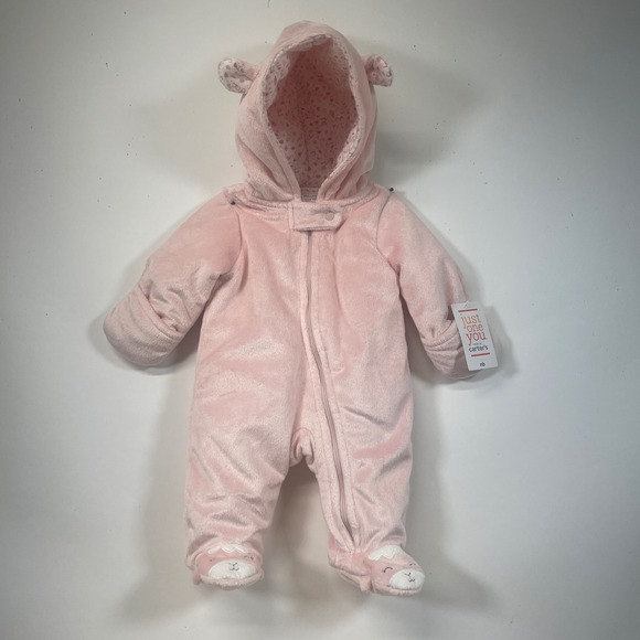 Just One You Carter's Newborn NB Pink Plush Pram Snowsuit Llama Footed Bear Ears - Picture 1 of 10